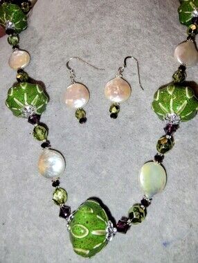 Artisan Green Ceramic Beads, Keishi Pearls & Crystals Necklace & Earrings 23"